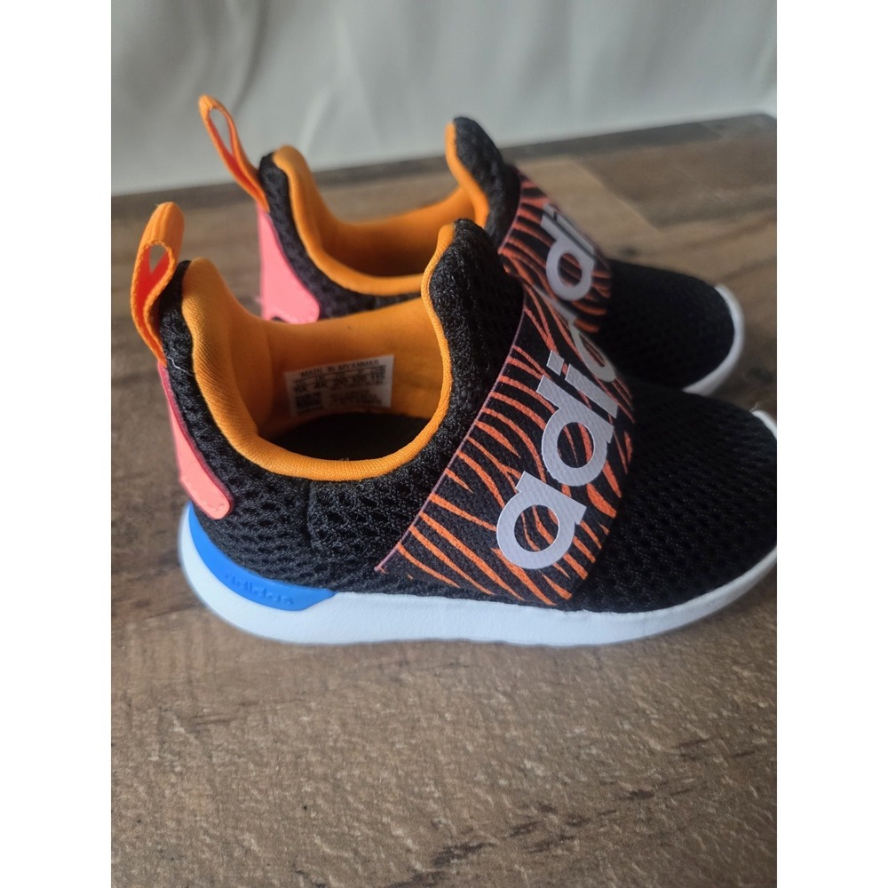 Adidas Toddlers Sz 5 Lite Racer Shoes Black Orange Zebra Print Slip On - Picture 4 of 7